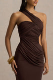 Serefine Brown Asymmetric Neck Maxi Dress With Body Cut Out