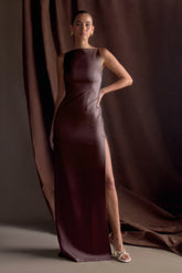 Violet Sleeveless Satin Maxi Dress Dark Chocolate