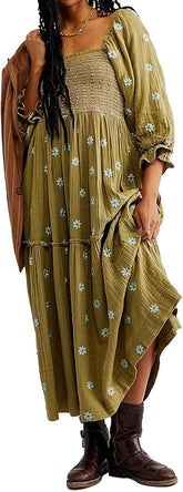 Women Floral Embroidered Maxi Dress Long Puff Sleeve Square Neck Bohemian Flowy Dress with Pockets Summer Fall