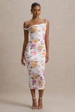 Nora Peach And Lilac Floral Twisted Asymmetric Midi Dress