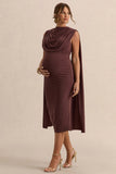 Milaine Dark Brown Round Neck Maternity Midi Dress With Cape Sleeves