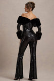 Lunar Black Sequin Bardot Flared Leg Jumpsuit With Fur