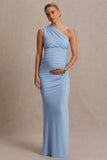 Darcie Powder Blue Asymmetric Neck Maternity Maxi Dress