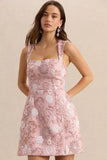Sorina Blush Pink Floral Embellished Sweetheart Neck Mini Dress