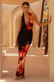 Kat Red Placement Floral Print Plunge Neck Maxi Dress