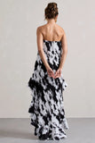 Whistler Monochrome Floral Chiffon Bandeau High Low Ruffled Maxi Dress