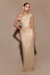 Kenny Diamante One Shoulder Maxi Dress Gold