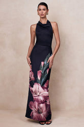 Palatial Pink Border Print Halter Neck Cowl Maxi Dress