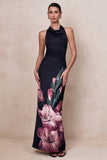 Palatial Pink Border Print Halter Neck Cowl Maxi Dress