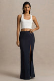 Elana Navy Pinstripe Maxi Skirt With Front High Split