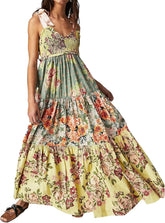 Women Floral Maxi Dress Tie Shoulder Patchwork Smocked Flowy Boho Dress with Pockets Summer Vacation Sundress