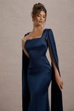 Nalda Navy Square Neck Midi Dress With Cape Sleeves