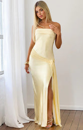 Novie Yellow Tie Detail Satin Strapless Maxi Dress PRE ORDER
