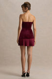 Valentina Burgundy Velvet Bandeau Mini Dress With Pleated Detailing