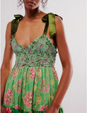 Women Floral Maxi Dress Tie Shoulder Patchwork Smocked Flowy Boho Dress with Pockets Summer Vacation Sundress