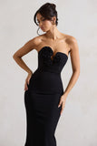 Enticed Black Strapless V Neck Maxi Dress With Flowers