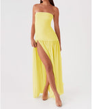 Women Tube Top Dress Tiger Stripe Mesh Patchwork Maxi Dress Strapless Sexy High Slit Long Dresses Beach Vacation