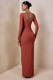 Matilda Rust Boat Neck Maxi Dress With Ruched Detailing