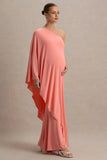 Waves Coral Asymmetric Maternity Maxi Dress With One Sleeve Cape