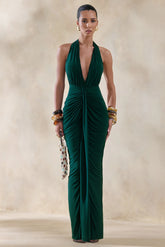Lesley Bottle Green Plunge Neck Maxi Dress