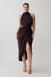 Aveline Draped Halter Midi Dress Dark Chocolate