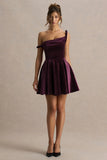 Leticia Burgundy Velvet Asymmetric Neck Velvet Mini Dress With Twist Sleeve