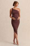 Late Night Brown Maternity Ruched One Shoulder Midi Dress