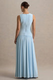 Outline Powder Blue Crew Neck Maternity Maxi Dress With Pleated Skirt