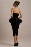Sarifa Black Velvet Strapless Corset Midi Dress With Ruffle Peplum