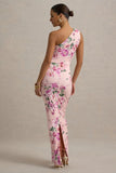 Dalarie Pink Floral Print One Shoulder Gathered Maxi Dress