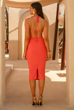 Anaisa Orange Plunge Halter Neck Midi Dress