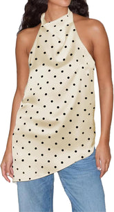 Women Polka Dot Satin Halter Top Backless Side Slit Tank Tops Going Out Clubwear