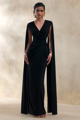 Ulissia Black V Neck Maxi Dress With Cape Sleeves