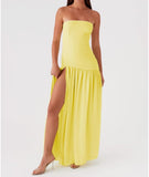 Women Tube Top Dress Tiger Stripe Mesh Patchwork Maxi Dress Strapless Sexy High Slit Long Dresses Beach Vacation