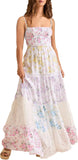 Women Floral Maxi Dress Smocked Spaghetti Strap Lace Patchwork Tiered Boho Long Dress Vacation Garden Party