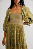 Women Floral Embroidered Maxi Dress Long Puff Sleeve Square Neck Bohemian Flowy Dress with Pockets Summer Fall