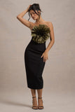 Moya Black Gold Bodycon Midi Dress With Corsage Detail