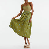 Women Floral Embroidered Maxi Dress Sleeveless Tie Shoulder Smocked Flowy Dress Boho Summer Sundresses with Pockets