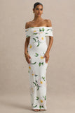 Capri White Rose Print Bardot Neck Maxi Dress With Ruched Detailing