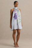 Evita Powder Blue Rose Print High Neck A Line Mini Dress With Bow