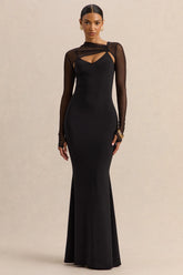 Coralia Black Asymmetric Neck Maxi Dress With Mesh Long Sleeves