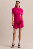 Fenella Hot Pink High Neck Mini Dress With Cape Sleeves And Ruched Detailing