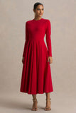 Bellamy Red Crew Neck Long Sleeve Midi Dress