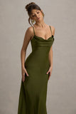 Eimear Olive Green Satin Draped Sweetheart Maxi Dress