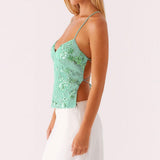 Women Sequin Beaded Cami Top V Neck Backless Criss Cross Straps Crop Tops Summer Going Out Clubwear