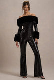 Lunar Black Sequin Bardot Flared Leg Jumpsuit With Fur