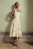 Lissa Lemon Floral Bouquet Print Square Neck Midi Dress