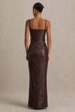 Lila Burgundy Faux Leather Plunge Neck Maxi Dress With Split