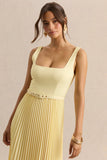 Danika Lemon Square Neck Belted Maxi Dress With Pleated Skirt