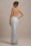 Quartz Silver Embellished Square Neck Open Back Maxi Dress
